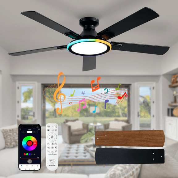 52" Ceiling Fan with Lights, Smart Flush Mount Ceiling Fan, Bluetooth Speaker & RGB Light, 6 Reversible Speeds, Remote APP Control Low Profile Fan for Bedroom Living Room