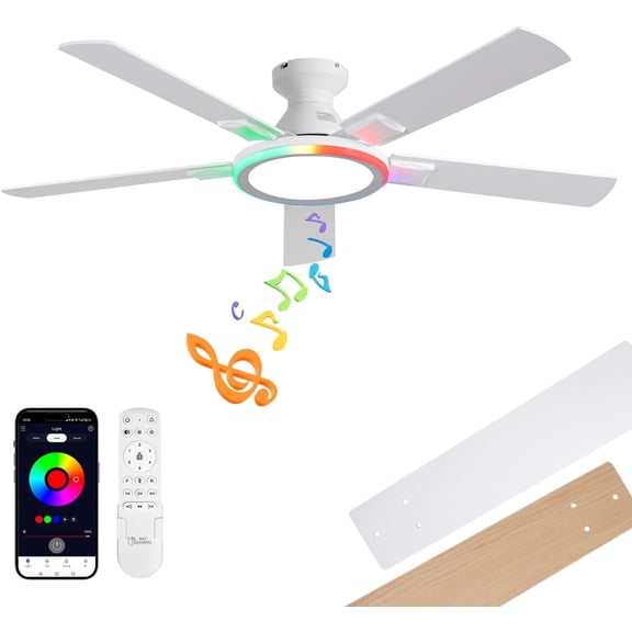 52"Ceiling Fan with Lights, Smart Flush Mount Ceiling Fan, Bluetooth Speaker & RGB Light, 6 Reversible Speeds, Remote APP Control Low Profile Fan for Bedroom Living Room