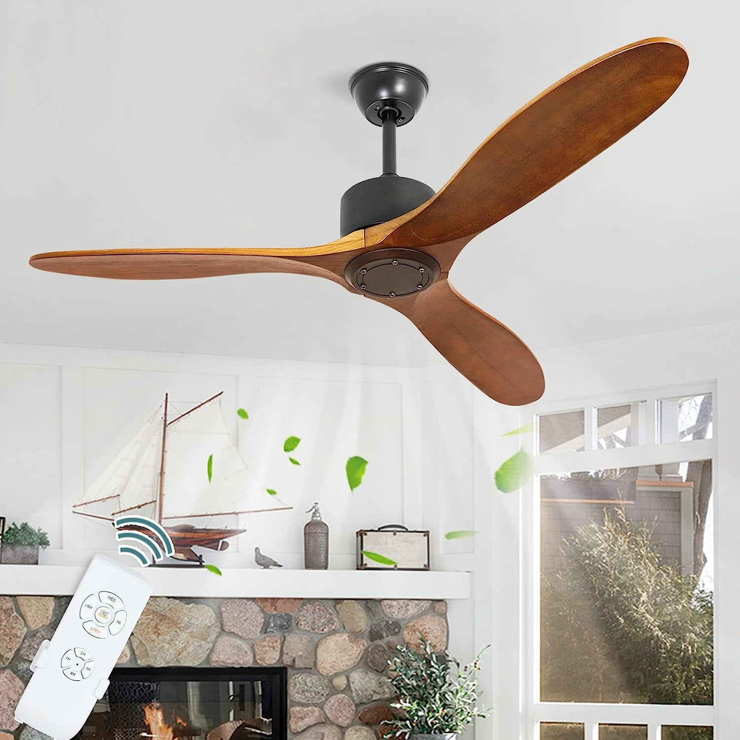 52'' Ceiling Fan No Light, Indoor Ceiling Fan with Remote, Solid Rubber Wood 3Blade Ceiling