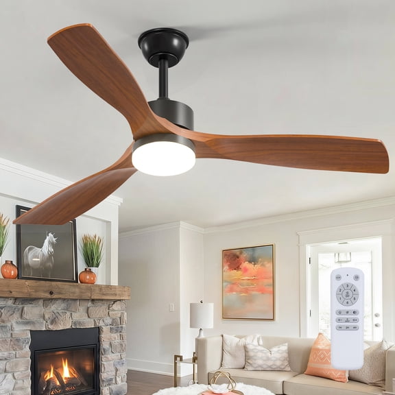 52" Ceiling Fan with Light, Black Walnut Solid Wood 3-Blade, Reversible DC Motor with 6-Speed Remote & Dimmable 3CCT LED