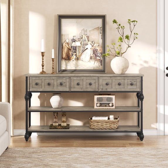 52" Console Table, Entryway Console Sofa Table, Behind Couch Table, Entryway Table with 3 Drawers, 3 Tier Sofa Table, Open Shelf Behind Couch Table for Hallway, Living Room, Metal Roman Column