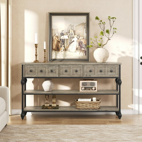52" Console Table, Entryway Console Sofa Table, Behind Couch Table, Entryway Table with 3 Drawers, 3 Tier Sofa Table, Open Shelf Behind Couch Table for Hallway, Living Room, Metal Roman Column