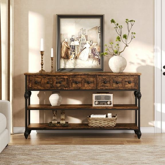 52" Console Table, Entryway Console Sofa Table, Entryway Table with 3 Drawers, 3 Tier Sofa Table, Open Shelf Behind Couch Table Industrial Metal Sofa Table Metal Roman Column, 53" x 12" x 29"