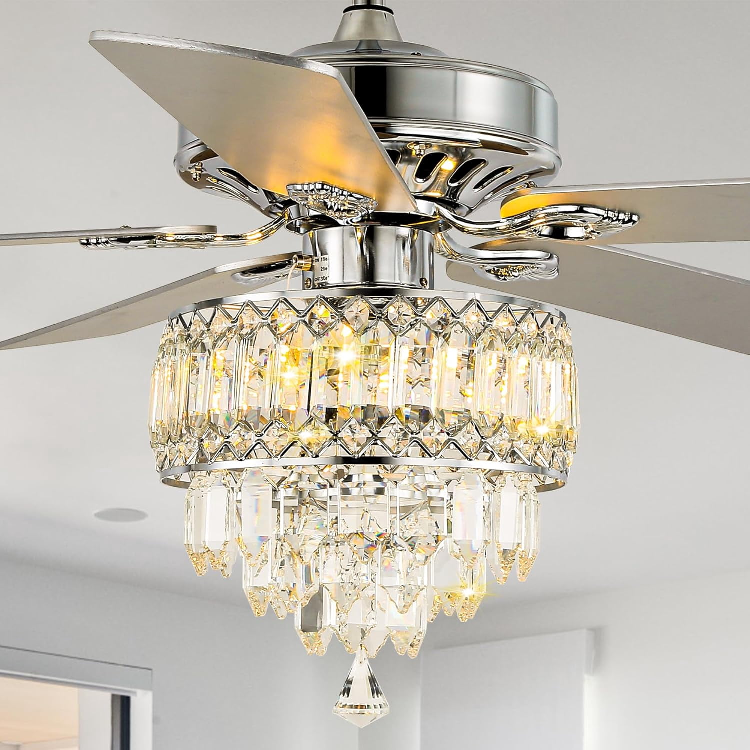 52" Crystal Ceiling Fan Fandelier with Lights, Chrome Modern Fancy ...