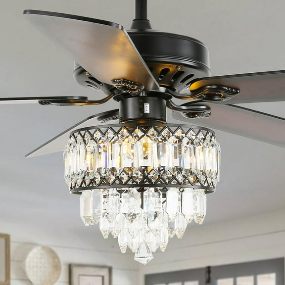 52" Crystal Ceiling Fan with Light and Remote,K9 Crystal,5 Reverse Wood Blades Modern Ceiling Chandelier for Bedroom,Living Room, Family Room, Dining Room