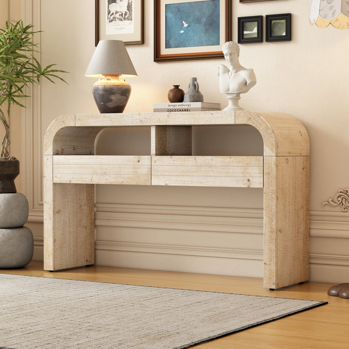 52" Curved Console Table with 2 Top Drawers and Open Shelves, Wooden ...
