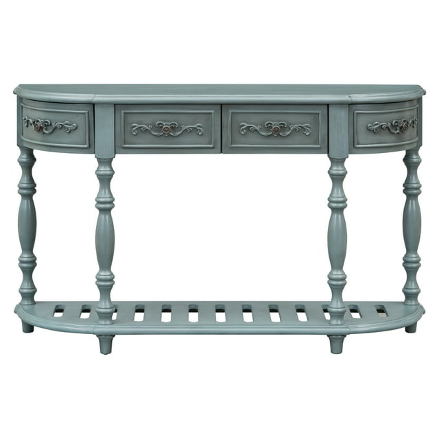 52'' Curved Console Table Sofa Table Entryway Table with 4 Drawers and 1 Shelf Antique Blue