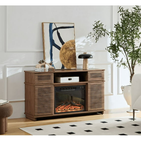52" Electric Fireplace Cabinet, Fireplace Heater Embed Furnace with Remote Control, Console Table and Storage, Adjustable Layer Board of The Cabinet for Living Room, Bedroom, Walnut