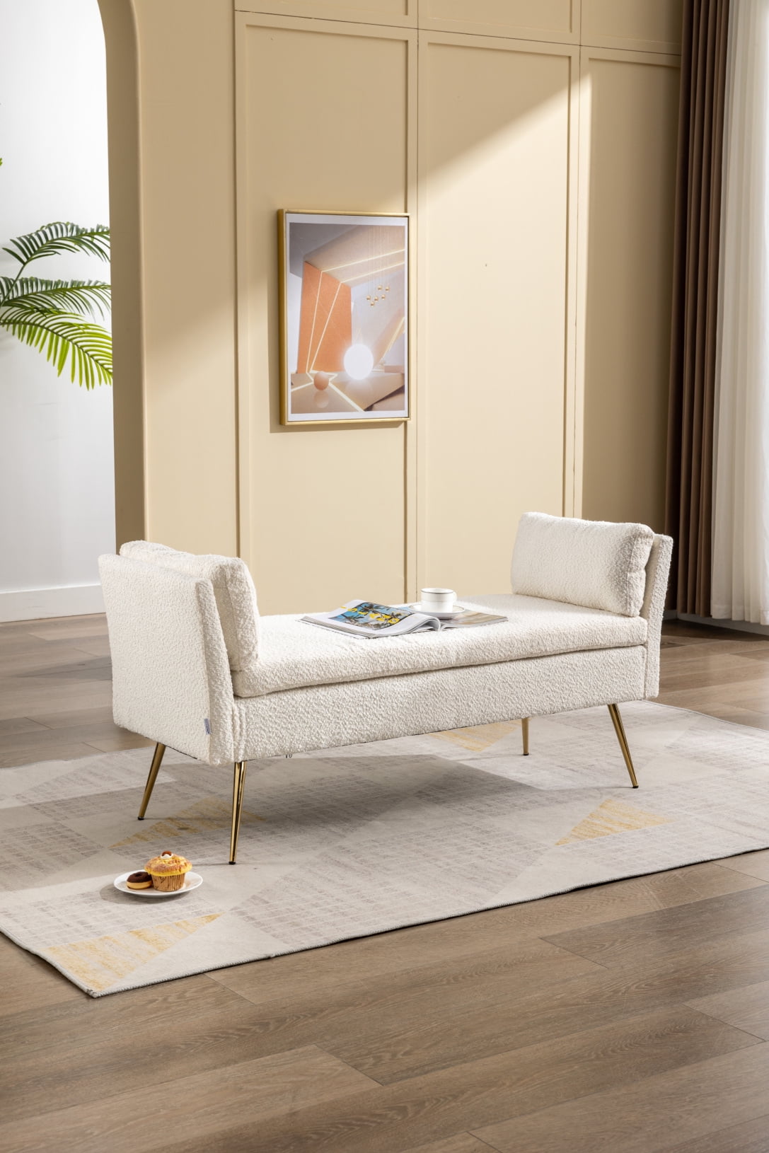 52" End of Bed Bench, Boucle Fabric Entryway Bench with Cushion Arms