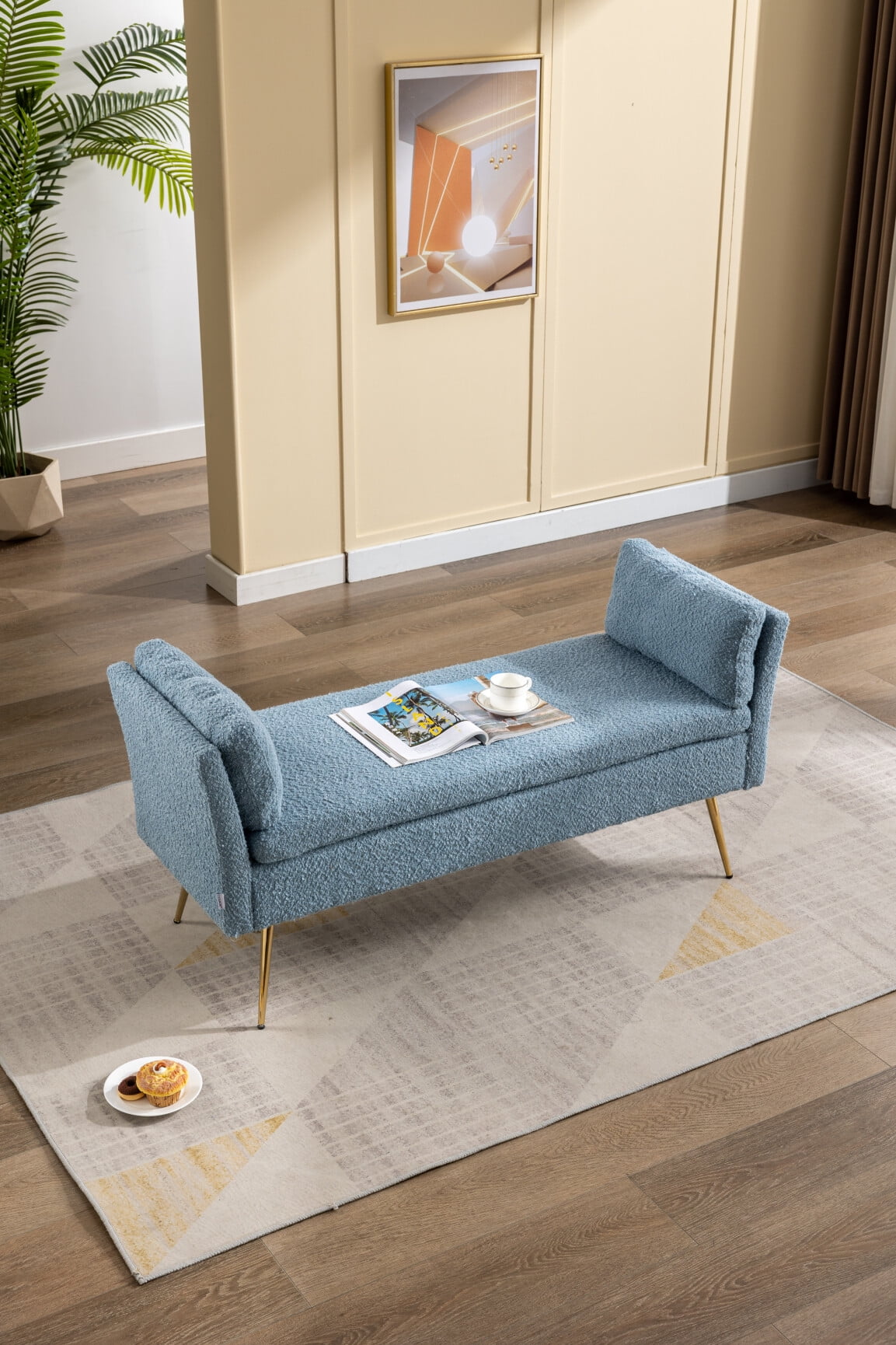 52" End of Bed Bench, Boucle Fabric Entryway Bench with Cushion Arms