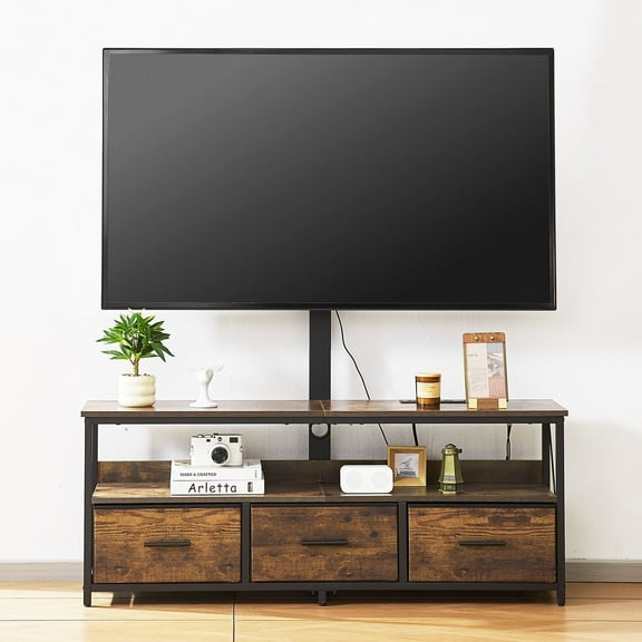 52" Entertainment Center with TV Mount for 75" TVs, Adjustable Height, 3 Drawers, Power Outlet & LED Lights - Brown