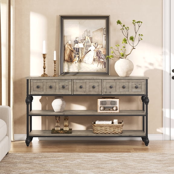 52" Entryway Table, Console Table with 3 Storage Drawers, 3 Tier Farmhouse Wooden Sofa Table, Hallway Tables for Entryway, Living Room