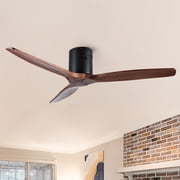 52" Farmhouse Black Ceiling Fan,6 Speed Quiet DC Motor, Reversible 3 Solid Wood Blades, Remote Control, Indoor & Covered Outdoor Scene.No Light