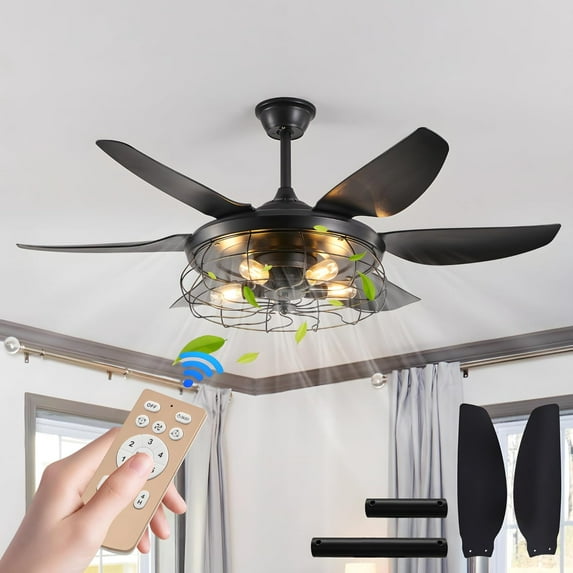 52'' Farmhouse Ceiling Fan with Lights, Modern Caged Ceiling Fan with Remote , Black Industrial Fan Light with 6 Wind Speed and Caged Light Fixture for Kitchen, Dining Room (Black-1, 52'' * 19.7'')