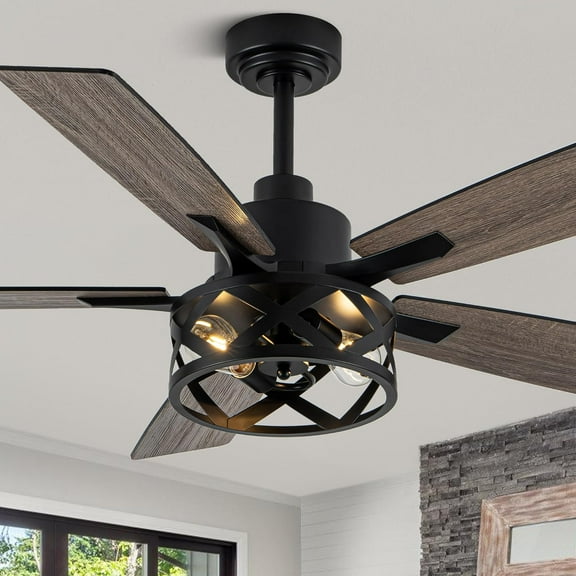 52" Farmhouse Ceiling Fan with Lights and Remote,Ceiling Fan with Caged Rustic Light Fixture,Reversible DC Motor,5 Double Finish Wood Blades for Patio,Living Room,Dining Room,Bedroom