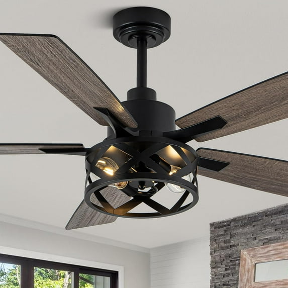 52" Farmhouse Ceiling Fan with Lights and Remote,Ceiling Fan with Caged Rustic Light Fixture,Reversible DC Motor,5 Double Finish Wood Blades for Patio, Living Room, Dining Room,Bedroom