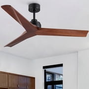 YUHAO 52" Farmhouse Ceiling Fan with No Light,3 Blades Brown Solid Wood Fan Reversible Quiet DC Motor for Bedroom Living Room, Patio,Covered Outdoor.