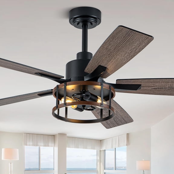 52" Farmhouse Ceiling Fans with Lights, Caged Ceiling Fan with Light and Remote,Reversible Motor,5 Double Finish Wood Blades,Black Rustic Industrial Ceiling Fan for Living Room/Dining Room