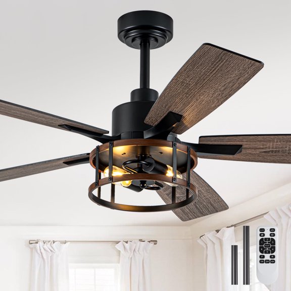Cusp Barn 52" Farmhouse Metal Caged Ceiling Fan with Light Remote Control, 6 Speeds Reversible Motor Fan with Lights for All Seasons