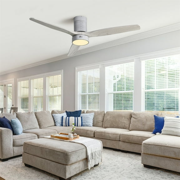 52" Flush Mount Wood Ceiling Fan with Dimmable LED Light and Remote Control Silver with Grey N/A