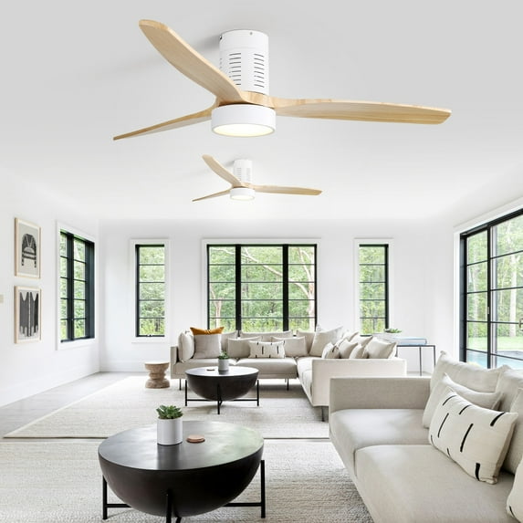 52" Flush Mount Wood Ceiling Fan with Dimmable LED Light and Remote Control White with Burlywood Blades N/A
