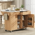 thumbnail image 1 of 52" Fluted Kitchen Island with Drop Leaf, Power Outlet, Storage Cart with Adjustable Shelves, 2 Doors, 2 Drawers, Rolling Table with Walnut Finish, Natural, 1 of 7