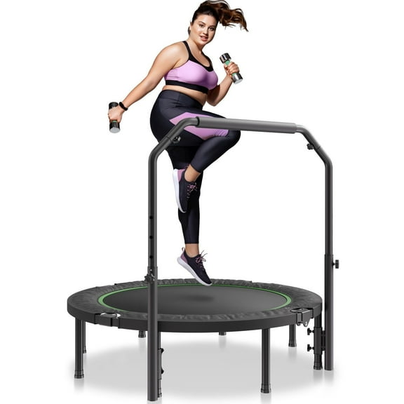 52" Foldable Mini Trampoline with Handle - Adults Fitness Rebounder - Exercise Indoor Bouncer - Adjustable Height - Space Saving - 450lb Capacity