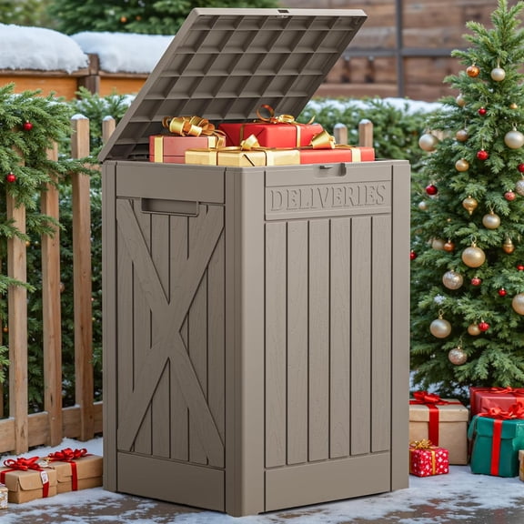 52 Gallon Package Delivery Box for Outside, Resin Outdoor Storage Box with Lockable Secure, Waterproof Deck Box for Porch, Curbside (Light Brown)