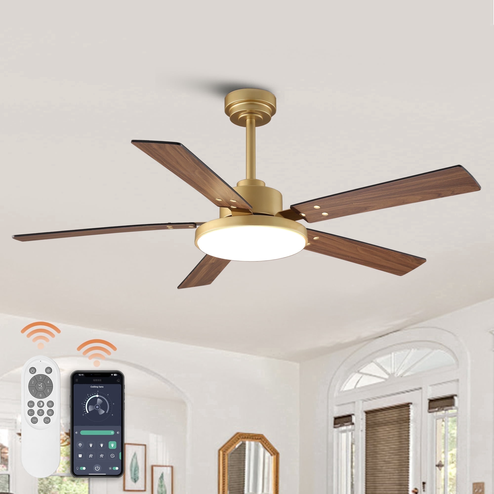 52" Modern Gold DC Motor Smart Ceiling Fan with Integrated LED Light and Remote,App Control