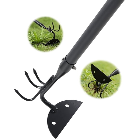 52" Heavy Duty 2-in-1 & Tiller Rake Garden Tool, 3-Tine Cultivator for Weeding and Soil Loosening, Long Handle Stand Up Digging Tool for Gardening and Planting