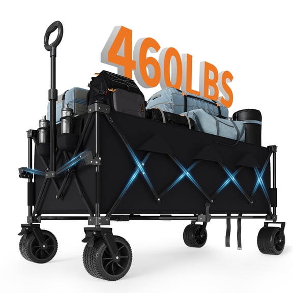 52" Heavy Duty Collapsible Utility Wagon Cart – 460lbs Capacity, Extra Large 350L Collapsible Outdoor Cart with All-Terrain Wheels, Adjustable Handle, Cup Holders, Side Pocket,Black