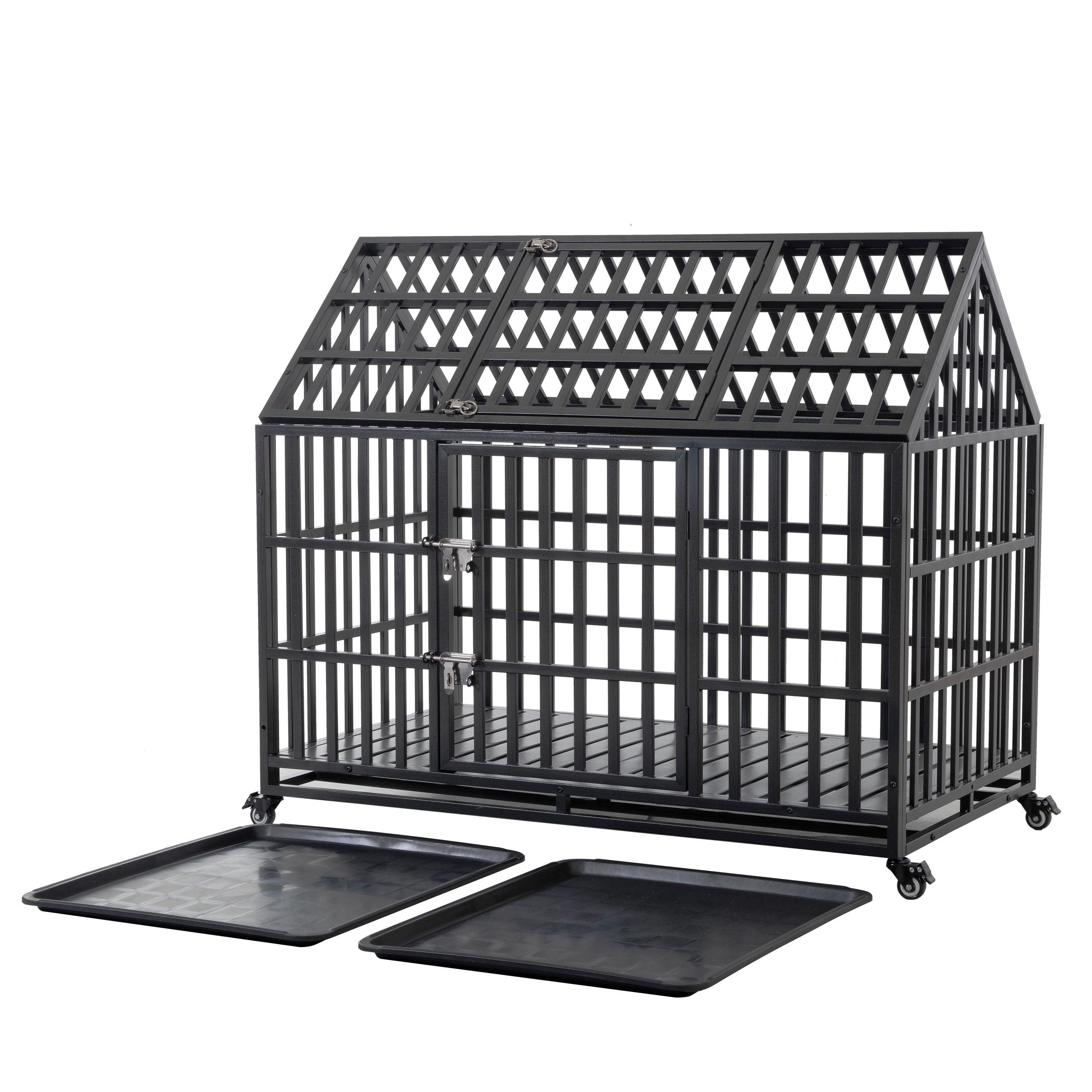 52" Black Heavy Duty Metal Dog Crate with Lockable Wheels