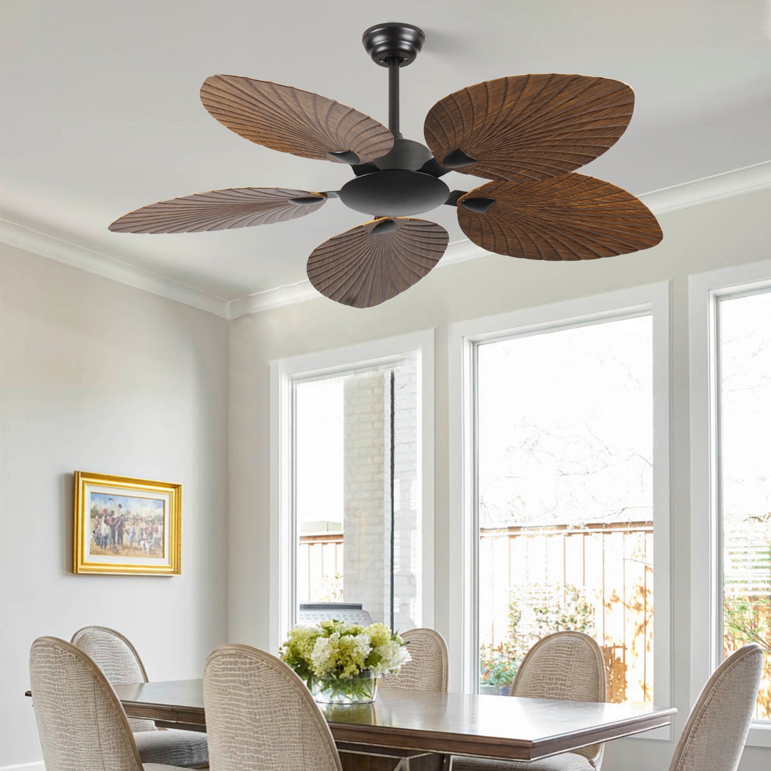 52 In Indoor/Outdoor Brown Retro Tropical 5-Palm Leaf Ceiling Fan, No Light, 6-Speed with Forward/Reverse