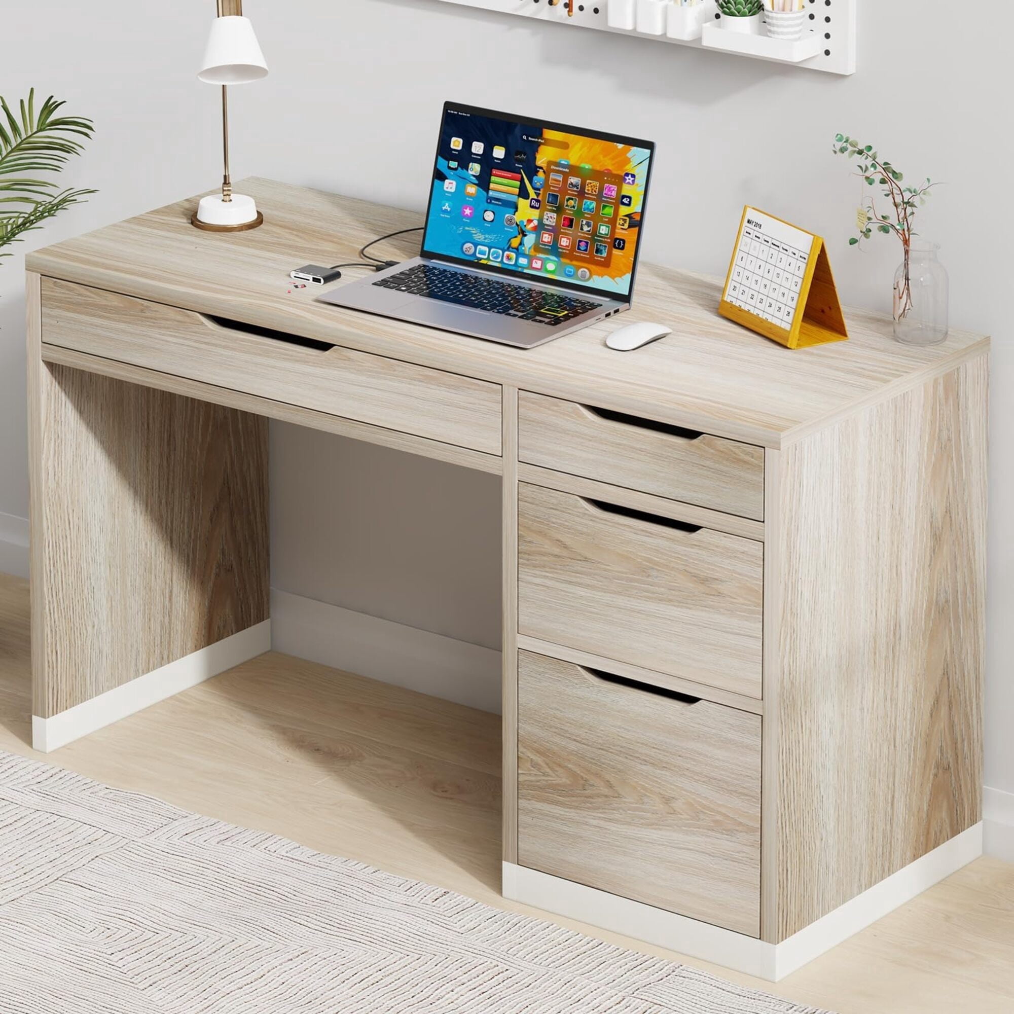 52-Inch 4-Drawer Natural Wood Computer Desk, Small Space Home Office Desk with Categorized Storage Drawers