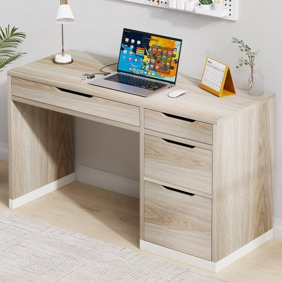 52-Inch 4-Drawer Natural Wood Computer Desk, Small Space Home Office Desk with Categorized Storage Drawers
