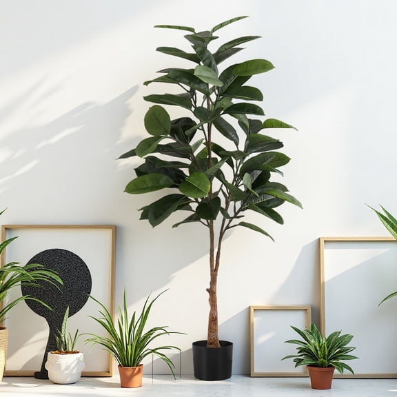 52 Inch Artificial Rubber Tree, Real Touch Faux Plant with Adjustable Leaves - Indoor Floor Decor for Living Room, Office & Apartment