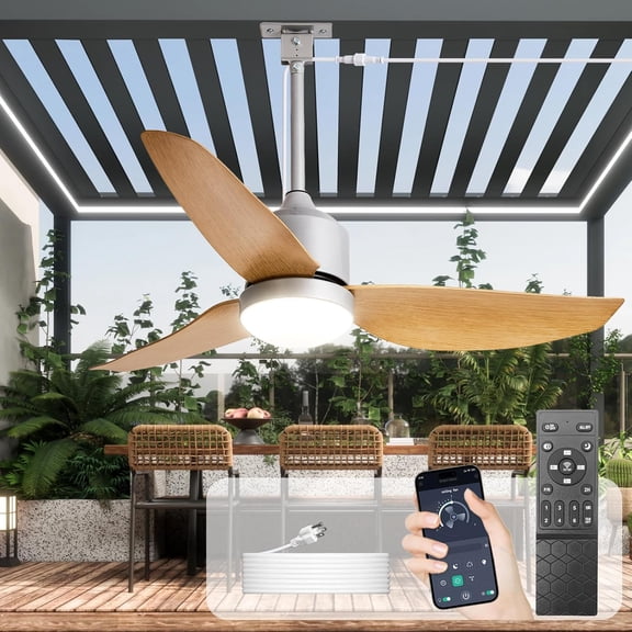 52-Inch Black 3 Blade Outdoor Ceiling Fan with Light and Remote Control - Dimmable Indoor Fan for Patio Living Room, Ultra Quiet DC Motor, 6 Reversible Speeds, Timer Function