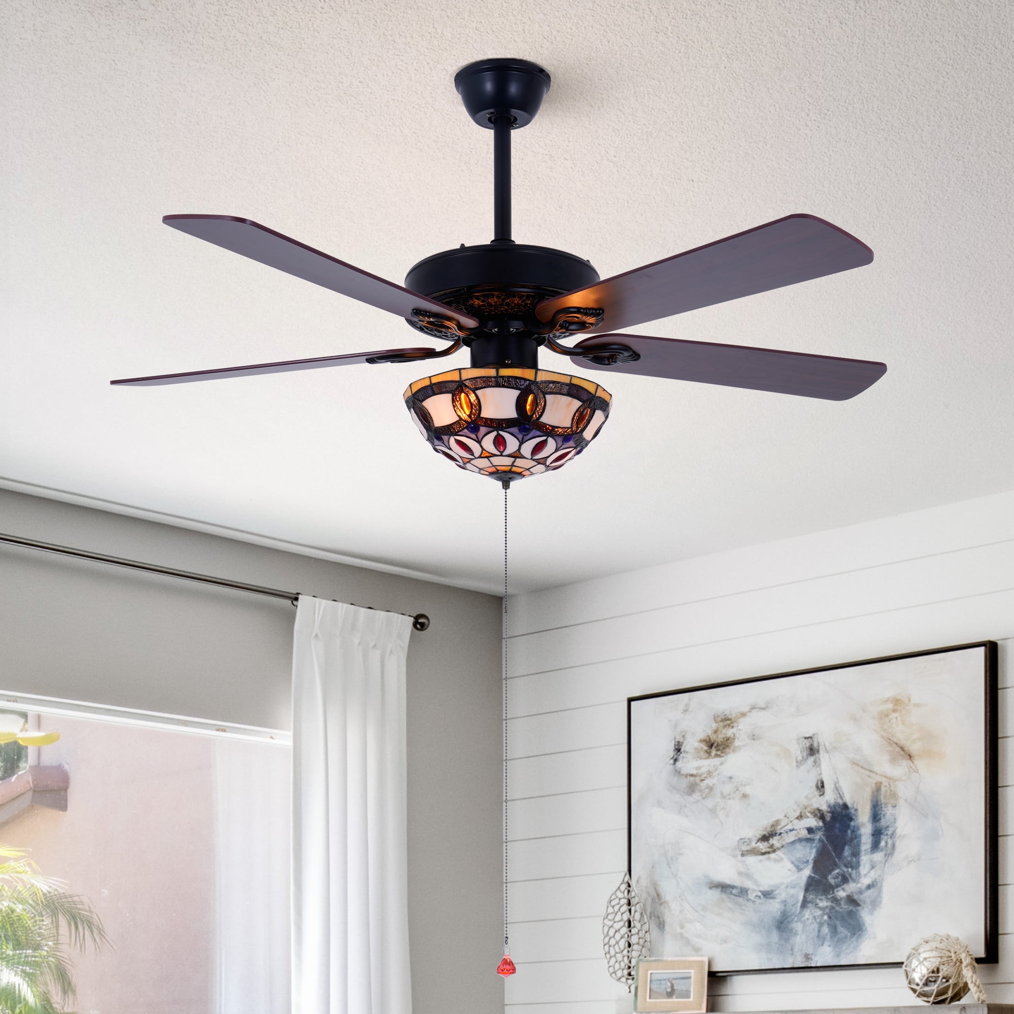 52 Inch Black Ceiling Fan with Light - Industrial Wood Blades & Stained ...