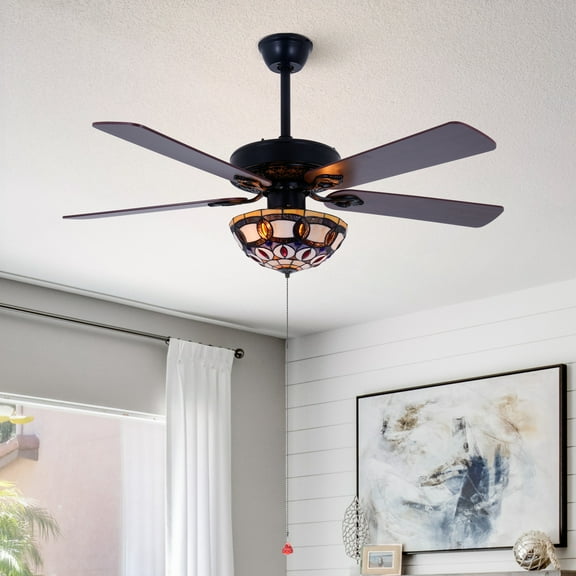 52 Inch Black Ceiling Fan with Light - Industrial Wood Blades & Stained Glass, Remote Control 6-Speed/Reversible, 3 E26 Bases (Includes 4"/8 Downrods) for Dining Room Living Room