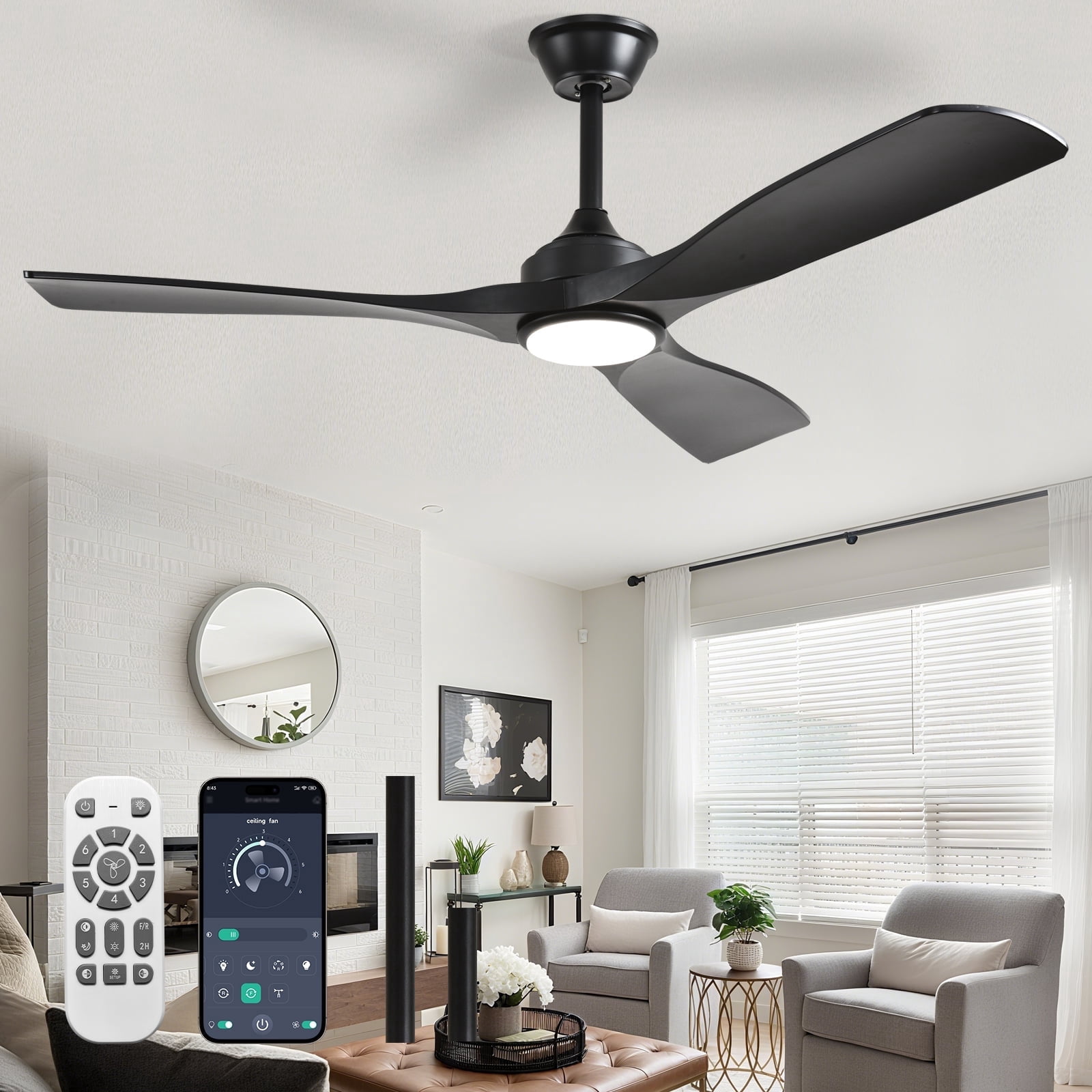 52-Inch Black Ceiling Fan with Light : Indoor/Outdoor Use Hanging Fan, Remote Control, High Efficiency with Quiet DC Motor, Timer Function