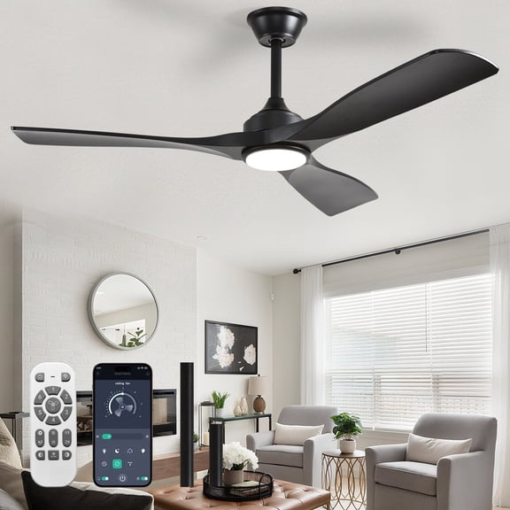 52-Inch Black Ceiling Fan with Light : Indoor/Outdoor Use Hanging Fan, Remote & APP Control, High Efficiency with Quiet DC Motor, Timer Function