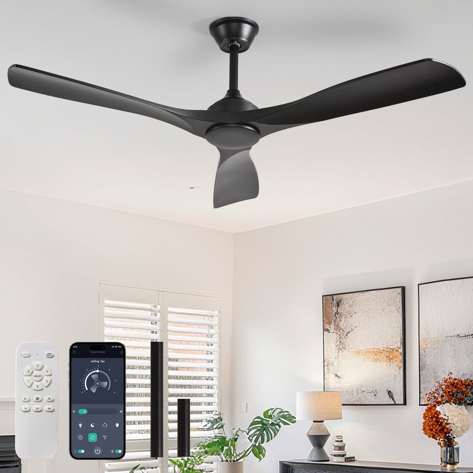 52-Inch Black Ceiling Fan with no Light: Indoor/Outdoor Use Hanging Fan, Remote Control, High Efficiency with Quiet DC Motor, Timer Function