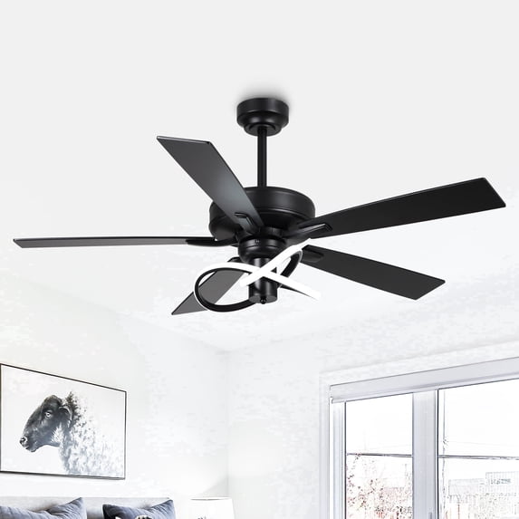 Whose Lamp 52 Inch Black Contemporary Ceiling Fan with Integrated LED Lights, Downrod Mount, Remote Control, Reversible Blades