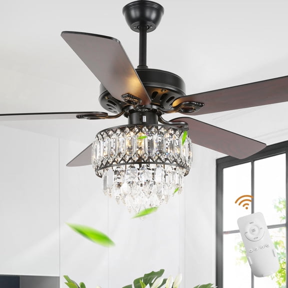 Bella Depot 52" Black Crystal Ceiling Fan with Remote Control and Light Kit 6-Speed Reversible DC Motor