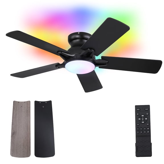 Phorus 52” Smart RGB Flush Mount Ceiling Fan with LED Light, Remote & APP Control, 6-Speed Reversible DC Motor, Low Profile, Energy Efficient, Modern Ceiling Fan for Indoor & Covered Outdoor Use