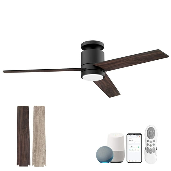 52 Inch Black& Walnut Bedroom Patio Smart Flush Mount Ceiling Fans with Lights Remote,Quiet DC Motor