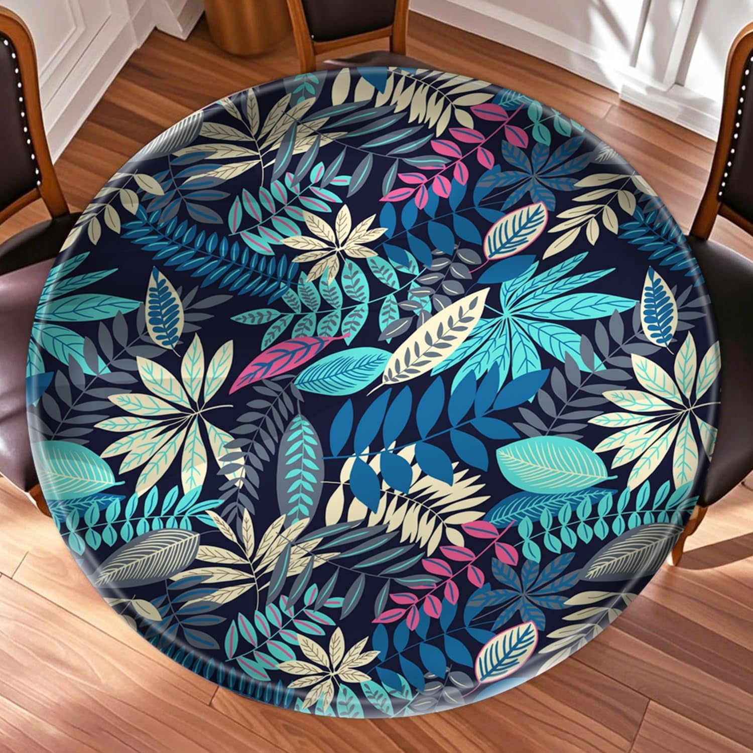 52 Inch Blue Round Table Protector for Kitchen,Palm Leaves Table Cloth ...