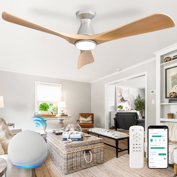 52-Inch Burlywood Ceiling Fan with Lights: Alexa & App Remote Control，Dimmable Indoor Outdoor Fan with 6-Speed ＆ 3 CCT