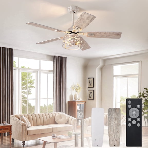 Depuley 52-Inch Caged Ceiling Fans with Lights: Dual Finish 5 White Grey Blades Hanging Fan - Rustic Ceiling Fan with Remote Control for Farmhouse Indoor/Outdoor Use