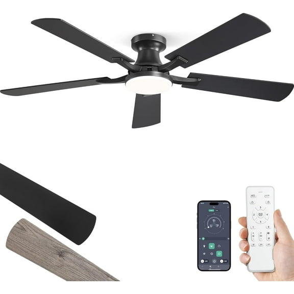 52 Inch Ceiling Fan with Light, App&Remote Control, Flush Mount Low Profile, Dimmable 20W LED Light, Quiet Reversible Motor for Bedroom, Living Room, Apartment, Black